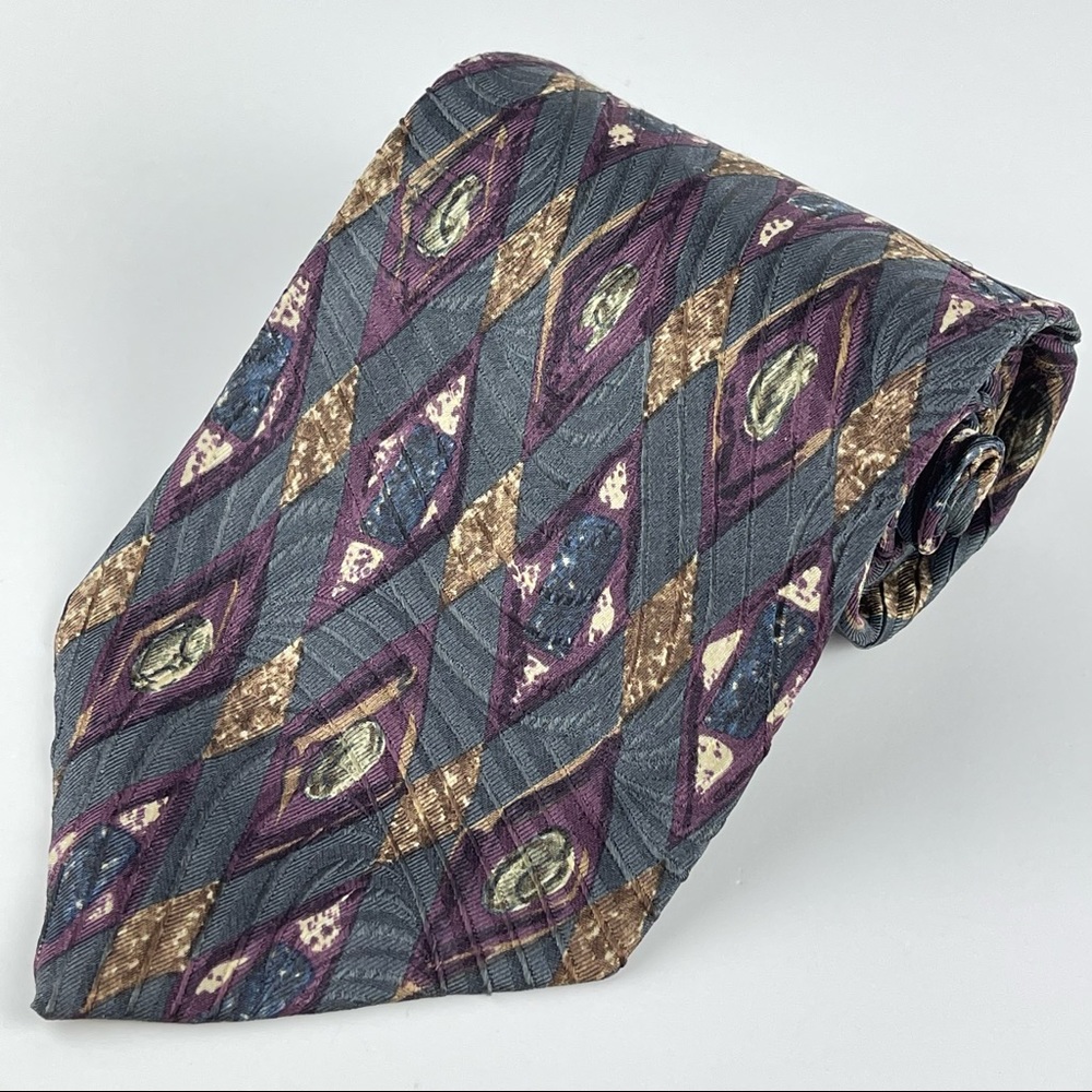 Domani Uomo Mens 100% Silk Tie Made in Italy Diamonds Green Purple Gold
